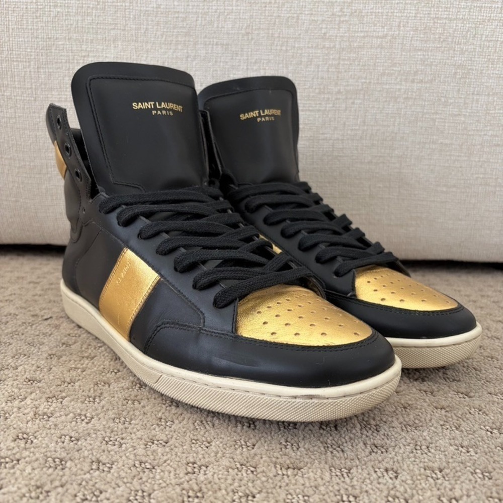 Saint Laurent SL/10H High Top Sneakers Black Gold Leather US 11 EU 44 Italy Made
